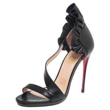 Pre Owned Christian Louboutin Black Leather Col Ankle Ruffle D'orsay Sandals Size 37