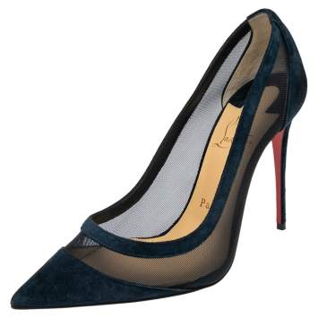 Pre Owned Christian Louboutin Navy Blue Mesh And Suede Panel Pumps Size 37