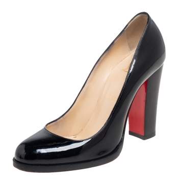 Pre Owned Christian Louboutin Black Patent Leather Grapi Block Heel Pumps Size 37.5