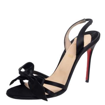 Pre Owned Christian Louboutin Black Satin Bow Slingback Open Toe Ankle Strap Sandals Size 38.5