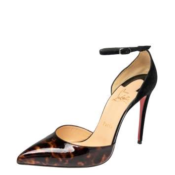 Pre Owned Christian Louboutin Black/Gold Patent Leather And Suede Uptown  Sandals Size 37.5