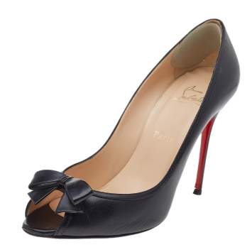 Pre Owned Christian Louboutin Black Leather Milady Bow Peep Toe Pumps Size 40