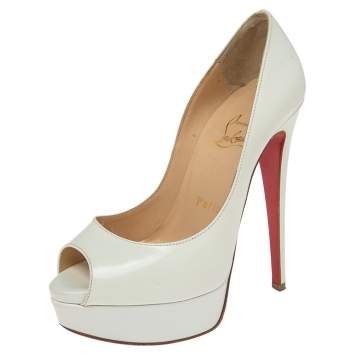 Christian Louboutin White Patent Leather Lady Peep Platform Pumps Size 35