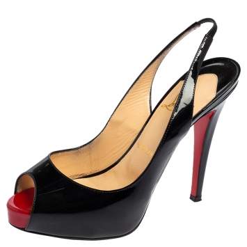 Pre Owned Christian Louboutin Black Patent Leather New Prive Peep Toe Slingback Sandals Size 37.5