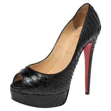 Pre Owned Christian Louboutin Black Python Lady Peep Toe Platform Pumps Size 35