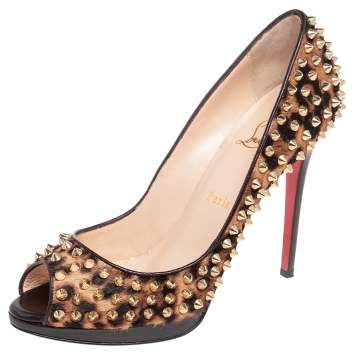 Pre Owned Christian Louboutin Brown Leopard Print Calfhair Yolanda Spiked Peep Toe Pumps Size 39