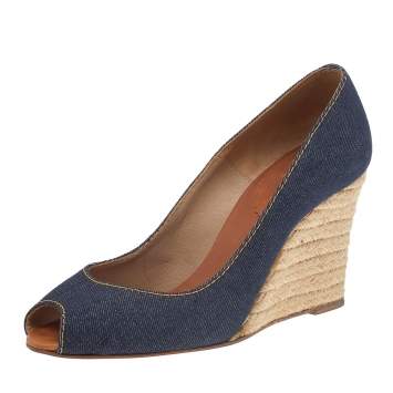 Pre Owned Christian Louboutin Blue Denim Pepi Espadrille Wedge Pumps Size 37