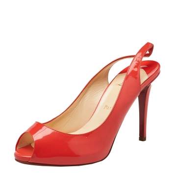 Pre Owned Christian Louboutin Orange Patent Leather Peep Toe Sling Back Sandals Size 38