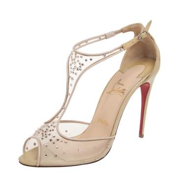Pre Owned Christian Louboutin Beige Mesh And Patent Leather Patinana T-Strap Peep Toe Sandals Size 39.5