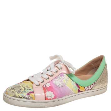 Pre Owned Christian Louboutin Multicolor Floral Printed Fabric, and Patent Leather Tissu Kyoto Flamingirl Low Top Sneakers Size 40