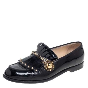 Pre Owned Christian Louboutin Black Patent Leather Octavian Bolla Fringe Loafers Size 39