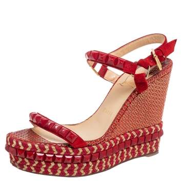Pre Owned Christian Louboutin Gold/Red Suede Studded Cataclou Espadrille Wedge Sandals Size 38