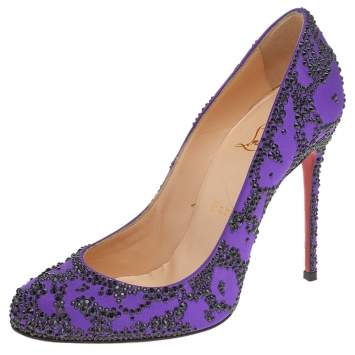 Pre Owned Christian Louboutin Purple Satin Samira Embellished Pumps Size 38