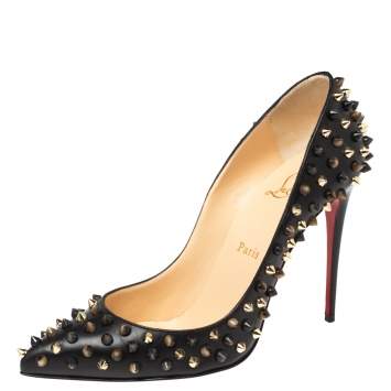 Pre Owned Christian Louboutin Black Leather Pigalle Spikes Pointed Toe Pumps Size 38.5