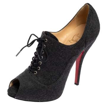 Pre Owned Christian Louboutin Grey Lace Up Flannel Lady Derby120mm Ankle Booties Size 37
