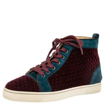 Pre Owned Christian Louboutin Red/Green Velvet And Suede Louis Orlato High Top Sneakers Size 40 