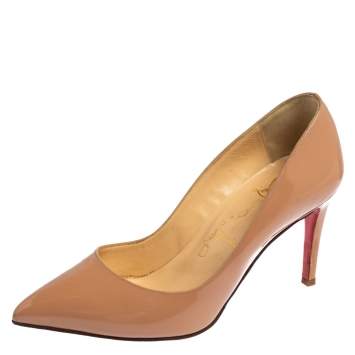 Pre Owned Christian Louboutin Beige Patent Leather Pigalle Pointed Toe Pumps Size 36.5