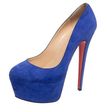 Pre Owned Christian Louboutin Blue Suede Victoria Platform Pumps Size 38.5