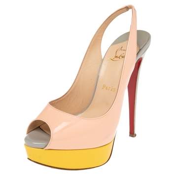 Pre Owned Christian Louboutin Tricolor Patent Leather Lady Peep Toe Platform Slingback Sandals Size 38