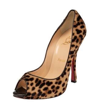 Pre Owned Christian Louboutin Beige/Brown Leopard Print Calfhair Maryl Peep Toe Pumps Size 38