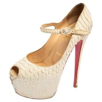 Pre Owned Christian Louboutin White Matte Python Lady Highness Peep Toe Pumps Size 38.5