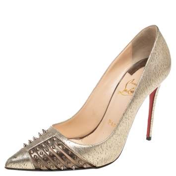 Pre Owned Christian Louboutin Gold Textured Leather Spike Bareta Pumps Size 36