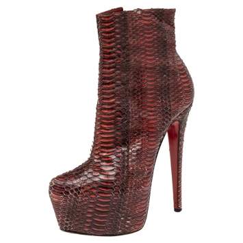 Pre Owned Christian Louboutin Burgundy Water Snake Daffodile Ankle Boots Size 38.5