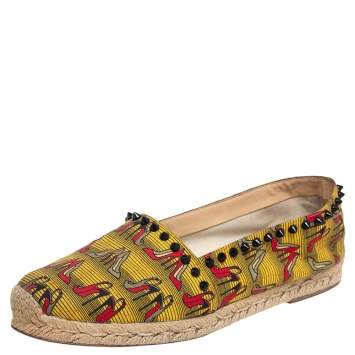 Pre Owned Christian Louboutin Multicolor Canvas Ares Spiked Espadrilles Flats Size 39