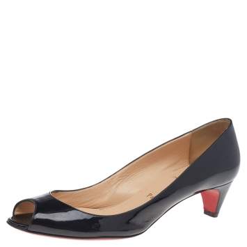 Pre Owned Christian Louboutin Black Patent Leather Kitten Heel Peep Toe Pumps Size 39.5