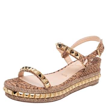 Pre Owned Christian Louboutin Beige Python Embossed Leather Cataclou Espadrille Wedge Sandals Size 38