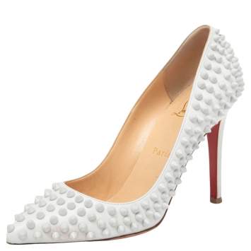 Pre Owned Christian Louboutin White Patent Leather Pigalle Follies Spikes Pumps Size 37