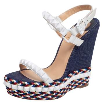 Pre Owned Christian Louboutin White Leather Cataclou Denim Wedge Platform Ankle Strap Sandals Size 37