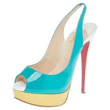 Pre Owned Christian Louboutin Blue Patent Leather Lady Peep Toe Platform Slingback Sandals Size 37.5