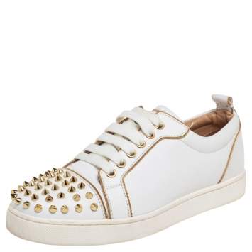 Pre Owned Christian Louboutin White/Gold Leather Louis Junior Spikes Sneakers Size 37