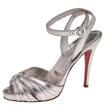 Pre Owned Christian Louboutin Metallic Silver Foil Leather Ankle Strap Sandals Size 38