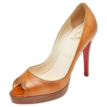 Pre Owned Christian Louboutin Tan Leather Peep Toe Platform Pumps Size 38.5