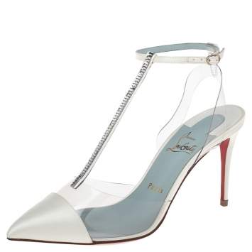 Pre Owned Christian Louboutin White Satin  Nosy  T-Strap Peep Toe Sandals Size 38