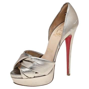 Pre Owned Christian Louboutin Metallic Gold Leather Peacock Platform Pumps Size 36
