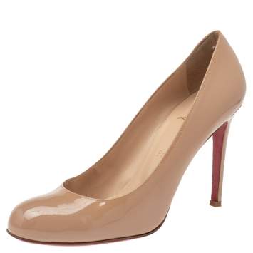 Pre Owned Christian Louboutin Beige Patent Leather Simple Pumps Size 38.5