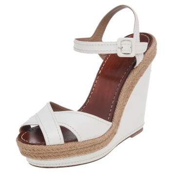 Pre Owned Christian Louboutin White Leather Almeria Cross Strap Espadrille Wedge Sandals Size 39