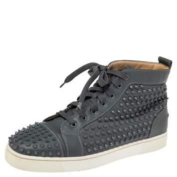 Pre Owned Christian Louboutin Grey Leather Louis Spikes High Top Sneakers Size 45