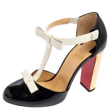 Pre Owned Christian Louboutin Black-White Patent Leather Zerlita Pumps Size 38
