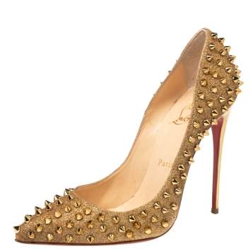 Pre Owned Christian Louboutin Shimmery Gold Glitter Pigalle Spikes Pumps Size 38.5