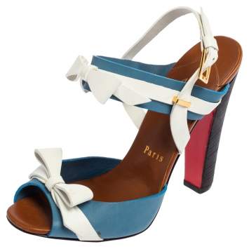 Pre Owned Christian Louboutin White/Blue Leather Lafalaise Double Platform Sandals Size 37