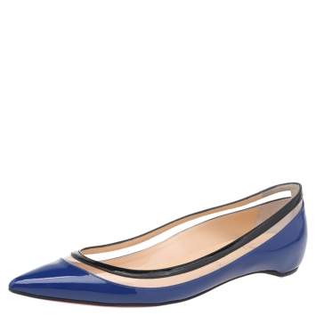 Pre Owned Christian Louboutin Blue/Black Patent Leather And PVC Paulina Ballet Flats Size 37.5