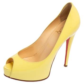 Pre Owned Christian Louboutin Yellow Patent Leather Very Prive Peep Toe Pumps Size 37