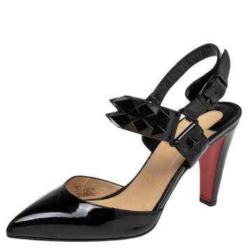 Pre Owned  Christian Louboutin Black Patent Ziggoo Spike Ankle Strap Sandals Size 39