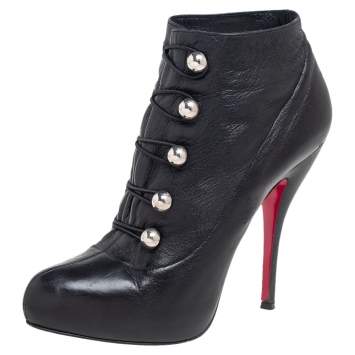 Pre Owned Christian Louboutin Black Leather Ron Fifi Ankle Booties Size 38