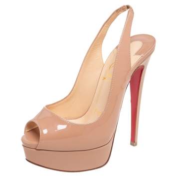 Pre Owned Christian Louboutin Beige Patent Leather Lady Peep Toe Slingback Platform Sandals Size 34