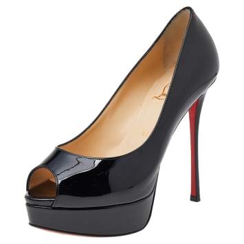 Pre Owned Christian Louboutin Black Patent Leather Fetish Peep Toe Platform Pumps Size 37.5